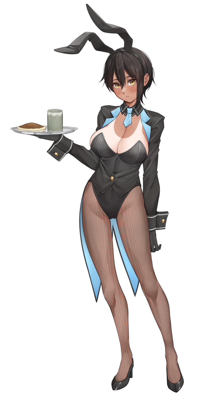 1girl absurdres animal_ears black_gloves black_hair black_hairband black_jacket black_leotard blue_necktie blush breasts brown_pantyhose cleavage coattails cup detached_collar fake_animal_ears food full_body gloves hairband high_heels highres holding holding_tray jacket large_breasts leotard long_sleeves looking_at_viewer necktie one-piece_tan open_clothes open_jacket original pantyhose parted_lips short_hair simple_background solo standing strapless strapless_leotard tan tanlines tray white_background wrist_cuffs yellow_eyes yuya_(yuya_illust)