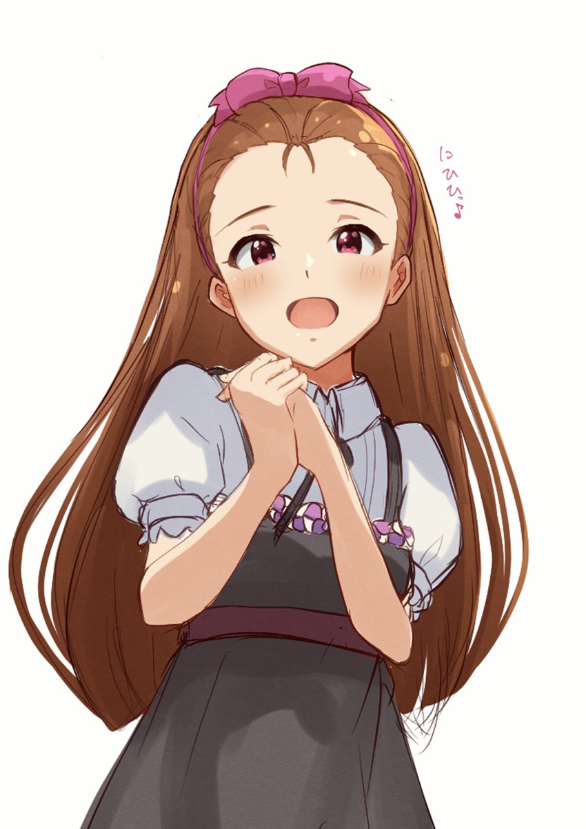 1girl blunt_ends blush brown_hair commentary_request forehead hairband highres idolmaster long_hair looking_at_viewer minase_iori open_mouth own_hands_together red_eyes ribbon short_sleeves simple_background sinobu0425 solo