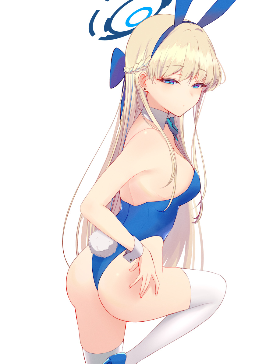1girl absurdres animal_ears aqua_bow aqua_bowtie ass bare_shoulders blonde_hair blue_archive blue_eyes blue_hairband blue_leotard bow bowtie breasts cleavage detached_collar earpiece fake_animal_ears fake_tail hairband halo highleg highleg_leotard highres leotard long_hair looking_at_viewer medium_breasts official_alternate_costume playboy_bunny rabbit_ears rabbit_tail sideboob solo strapless strapless_leotard tail thighhighs toki_(blue_archive) toki_(bunny)_(blue_archive) white_thighhighs white_wrist_cuffs wrist_cuffs yata_mawari
