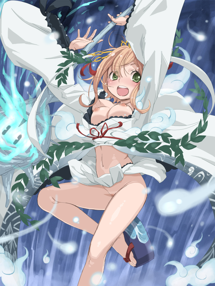 1girl blonde_hair breasts censored feet foot_out_of_frame green_eyes highres japanese_clothes legs long_sleeves magia_record:_mahou_shoujo_madoka_magica_gaiden magical_girl mahou_shoujo_madoka_magica medium_breasts medium_hair miko mosaic_censoring nipples no_bra no_panties open_mouth pussy sandals satori_kagome toenails toes you2