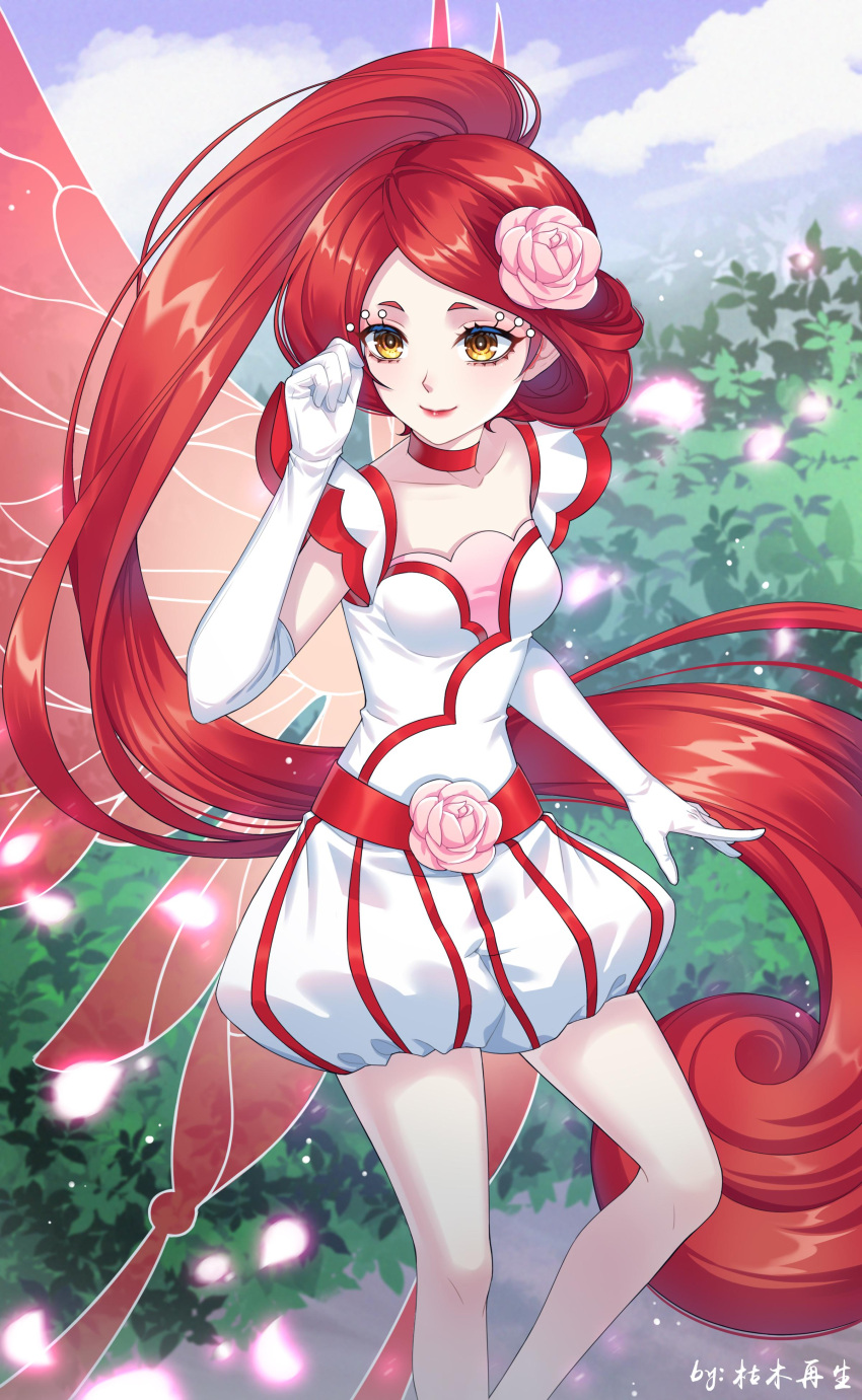 1girl absurdres artist_name bare_legs belt blue_sky breasts bush choker chun_(xiao_huaxian) clenched_hand closed_mouth cloud elbow_gloves fairy fairy_wings feet_out_of_frame flower gloves hair_flower hair_ornament hand_over_eye highres jumpsuit kumu_zaisheng long_hair parted_bangs pink_flower ponytail red_belt red_choker red_hair red_lips red_wings short_eyebrows short_jumpsuit short_sleeves sky smile solo very_long_hair white_gloves white_jumpsuit wings xiao_huaxian yellow_eyes