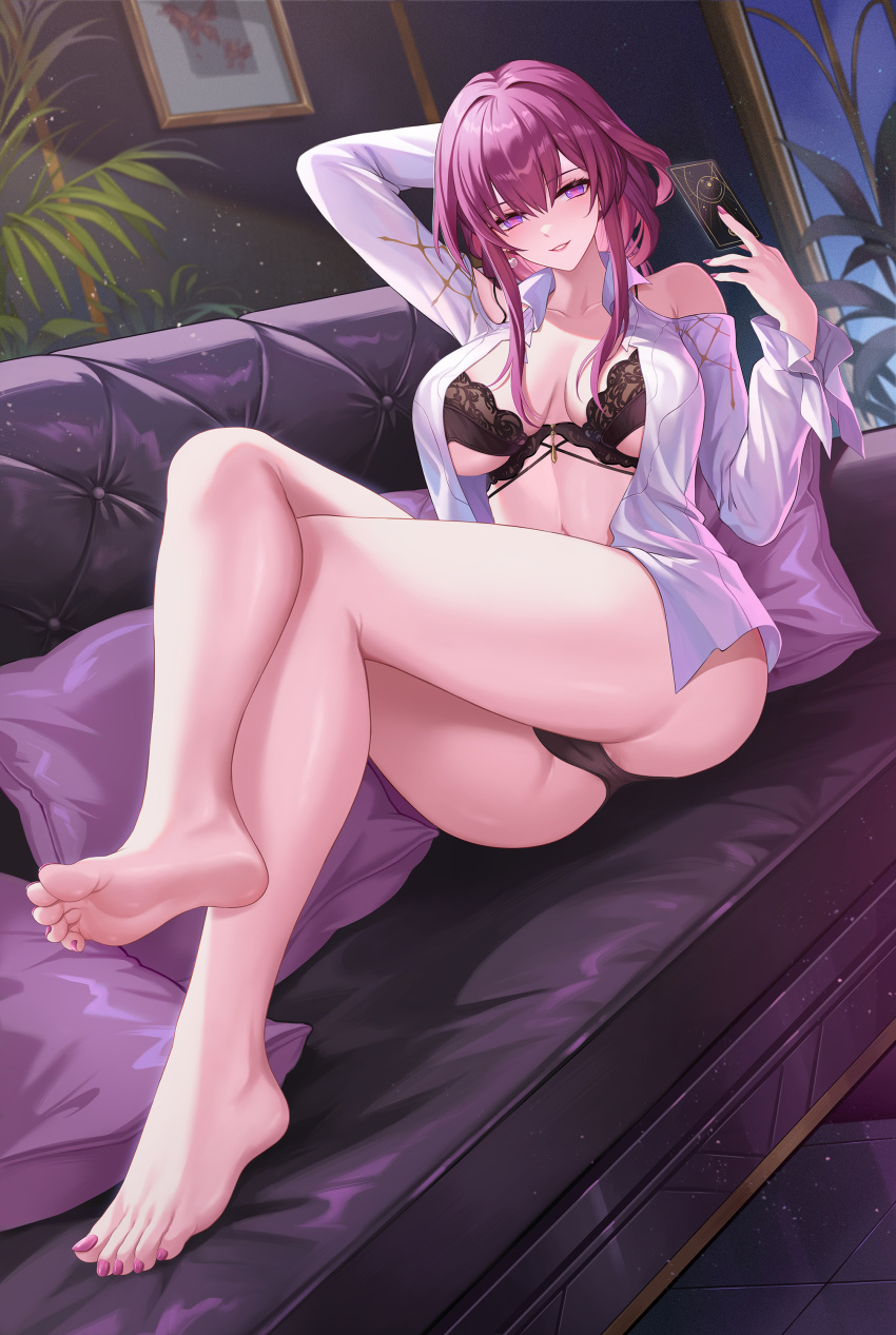 1girl absurdres bare_legs bare_shoulders barefoot black_bra black_panties bra card collarbone commentary_request couch crossed_legs feet grin highres holding holding_card honkai:_star_rail honkai_(series) kacyu kafka_(honkai:_star_rail) legs long_sleeves looking_at_viewer nail_polish on_couch open_clothes open_shirt panties pink_nails plant potted_plant purple_eyes purple_hair shirt sidelocks sitting smile soles solo thighs toenail_polish toenails toes underwear white_shirt
