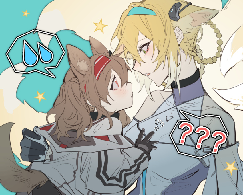 2girls ? aged_down aged_up angelina_(arknights) animal_ears aqua_background arknights blonde_hair blush braid breasts brown_hair fox_ears fox_tail gloves green_eyes height_difference highres jacket looking_at_another medium_breasts multiple_girls red_eyes suzuran_(arknights) tail upper_body wanwan_huo_de_hao_beishang white_jacket