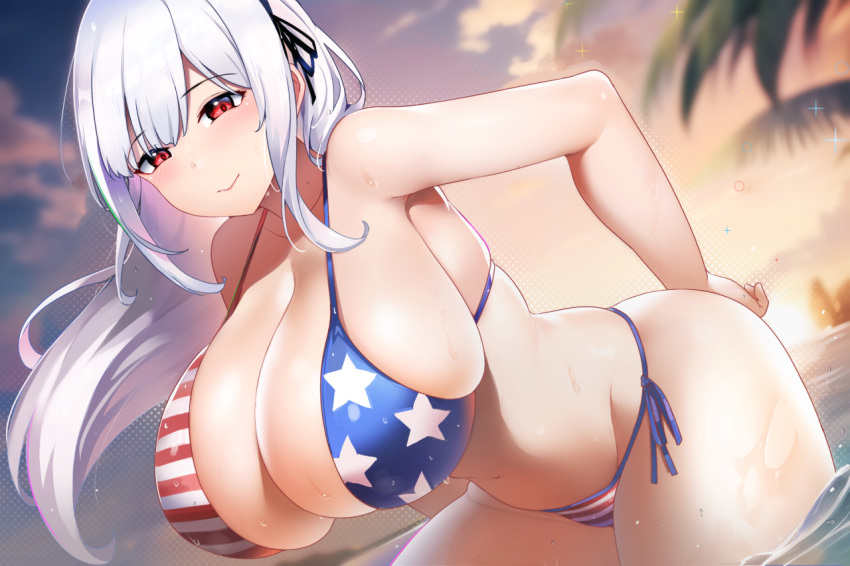 1girl american_flag_bikini armpit_peek bikini black_ribbon blurry blurry_background breasts cleavage closed_mouth cloud cowboy_shot flag_print hair_ribbon hand_on_own_ass huge_breasts leaning_forward long_hair looking_at_viewer original palm_tree red_eyes ribbon side-tie_bikini_bottom skindentation smile solo stomach sunset swimsuit thick_thighs thighs tree wading water wet white_hair xiaodi