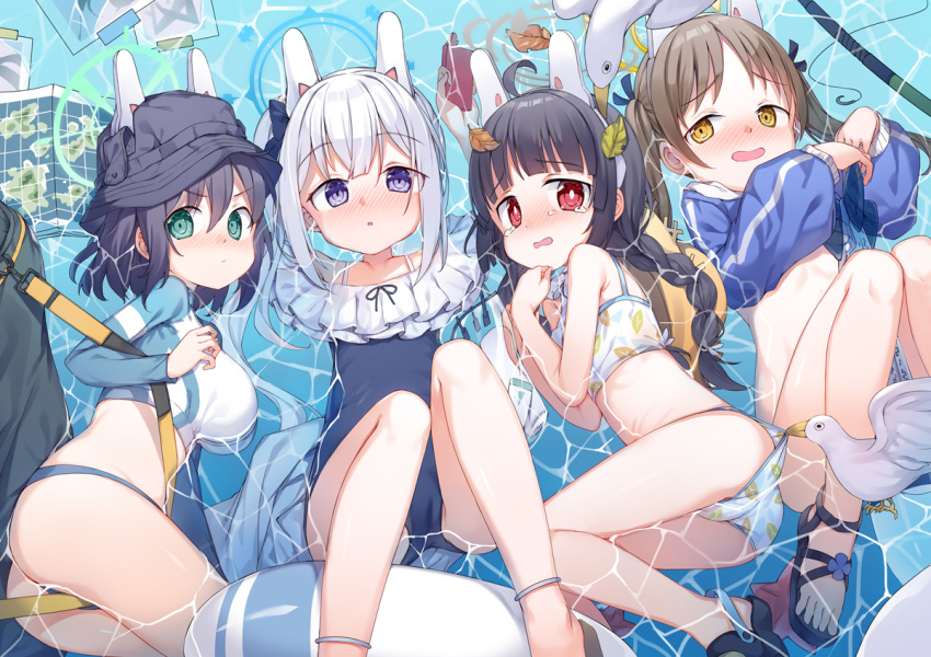 4girls animal_ears ass bag bare_arms bare_shoulders bikini bikini_bottom_pull bird blue_archive blue_bikini blue_eyes blue_one-piece_swimsuit blunt_bangs blush breasts bright_pupils casual_one-piece_swimsuit cellphone commentary_request crocs cropped_hoodie duffel_bag fake_animal_ears feet fishing_rod flat_chest fred04142 frilled_one-piece_swimsuit frills green_eyes halo holding holding_phone hood hoodie innertube large_breasts legs lying map miyako_(blue_archive) miyako_(swimsuit)_(blue_archive) miyu_(blue_archive) miyu_(swimsuit)_(blue_archive) moe_(blue_archive) moe_(swimsuit)_(blue_archive) multiple_girls nose_blush official_alternate_costume on_back on_side one-piece_swimsuit open_mouth parted_bangs phone print_bikini rabbit_ears rash_guard red_eyes ribs saki_(blue_archive) saki_(swimsuit)_(blue_archive) sandals seagull small_breasts smartphone stomach swimsuit tearing_up thighs toes water wavy_mouth white_bikini white_pupils yellow_eyes