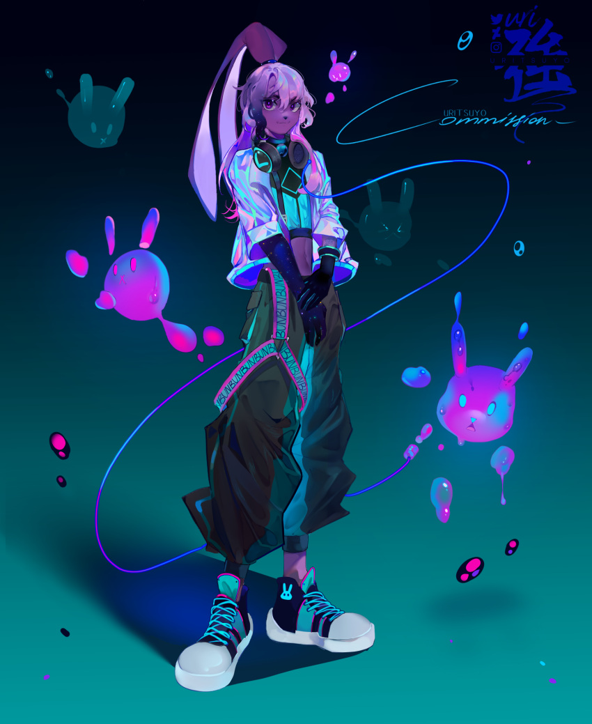 2023 anthro baggy_pants black_bottomwear black_clothing black_pants bottomwear bubble clothing female footwear full-length_portrait gradient_background hair headphones headphones_around_neck hi_res lagomorph leporid long_ears looking_at_viewer mammal pants pink_ears pink_eyes pink_hair portrait rabbit shadow shirt shoelaces shoes simple_background solo topwear uritsuyo white_clothing white_shirt white_topwear