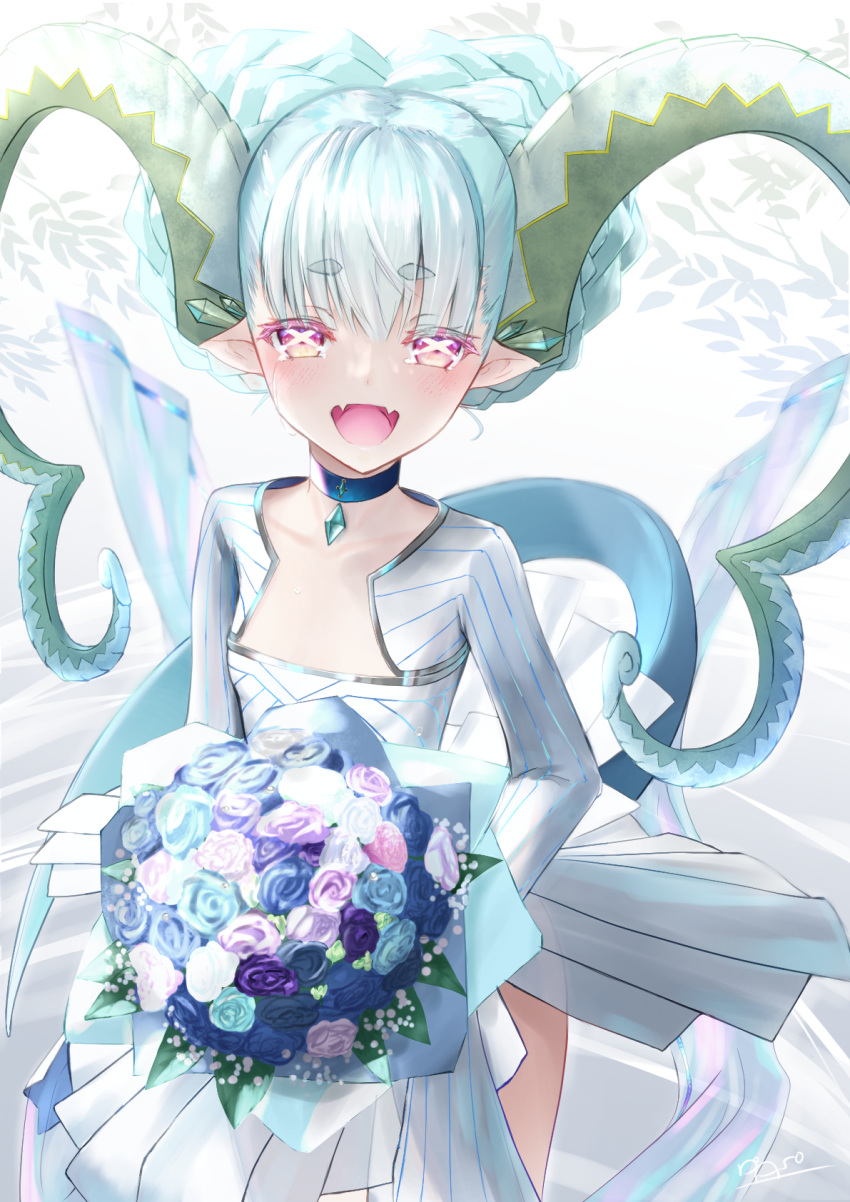 1girl aqua_hair asobeco blush bouquet braid breasts choker collarbone crown_braid curled_horns dress fate/grand_order fate_(series) highres horns jewelry larva_tiamat_(fate) long_hair long_horns long_sleeves looking_at_viewer open_mouth pendant pink_eyes pointy_ears ribbed_dress small_breasts smile solo symbol-shaped_pupils tail tiamat_(fate) white_dress