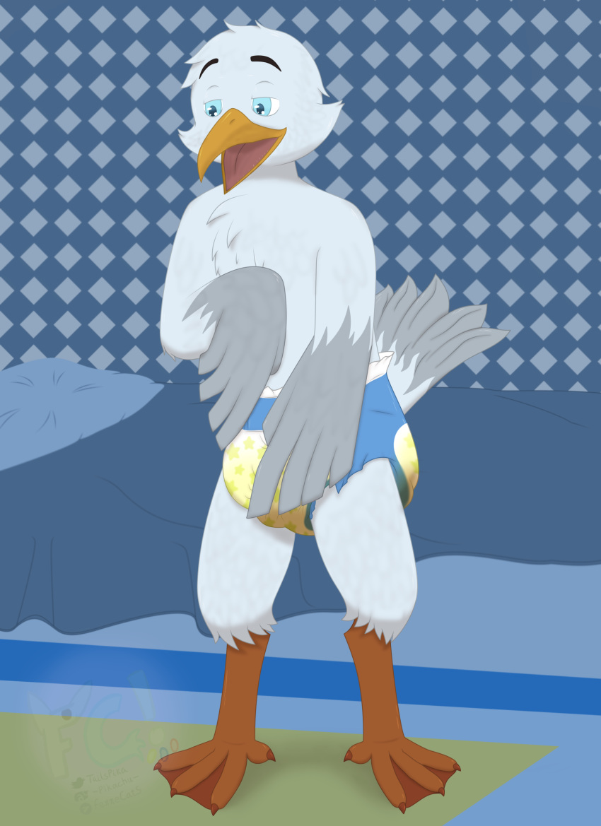 absurd_res anthro avian beak bed bedroom bird blue_eyes bodily_fluids cheek_tuft chest_tuft clothed clothing diaper facial_tuft feathers feces fennecat_(artist) furniture genital_fluids gull hi_res lari larid male messy_diaper soiling solo squish tail_feathers tuft urine watermark wearing_diaper wet_diaper wetting winged_arms wings