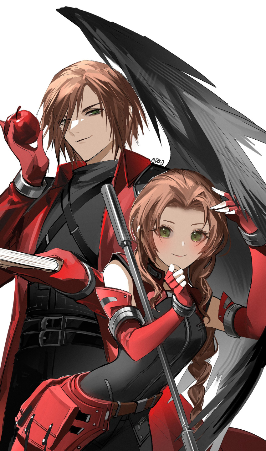1boy 1girl absurdres aerith_gainsborough apple bare_shoulders belt black_bodysuit black_sweater black_wings bodysuit book bracelet braid braided_ponytail brown_hair closed_mouth coat commentary crisis_core_final_fantasy_vii duoj_ji elbow_gloves feathered_wings final_fantasy final_fantasy_vii final_fantasy_vii_ever_crisis fingerless_gloves food fruit genesis_rhapsodos gloves green_eyes hair_between_eyes hand_up highres holding holding_book holding_food holding_fruit jacket jewelry light_blush long_hair matching_outfits multiple_belts official_alternate_costume over_shoulder parted_bangs red_apple red_coat red_gloves red_jacket short_hair sidelocks single_wing smile staff sweater swept_bangs symbol-only_commentary turtleneck turtleneck_sweater twitter_username white_background wings