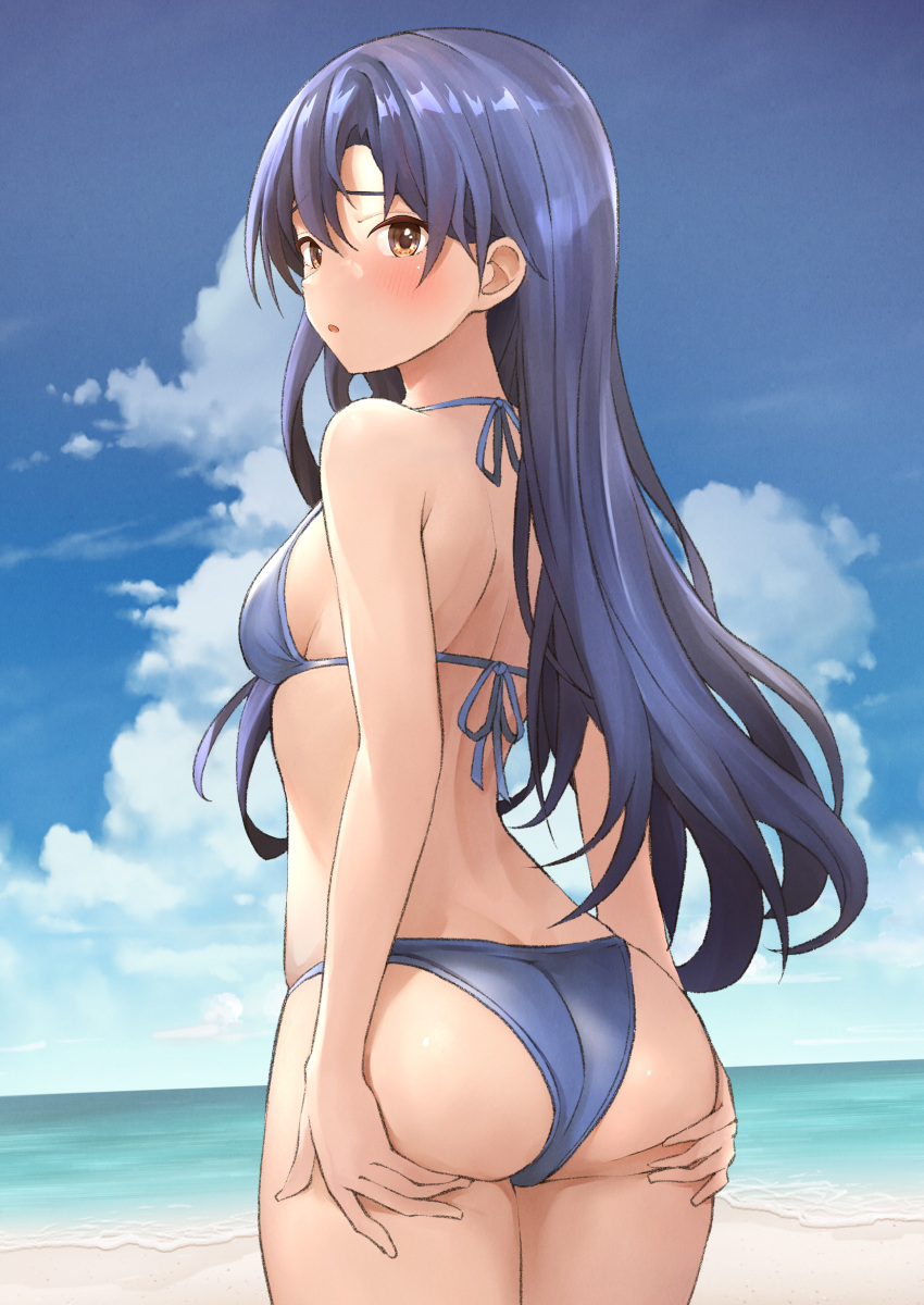 1girl :o absurdres ass ass_support b1ack_illust beach bikini blue_bikini blue_hair blush breasts butt_crack commentary commission dimples_of_venus halterneck hands_on_own_ass highres idolmaster idolmaster_(classic) idolmaster_million_live! kisaragi_chihaya looking_at_viewer looking_back outdoors pixiv_commission shoulder_blades skindentation small_breasts solo string_bikini swimsuit