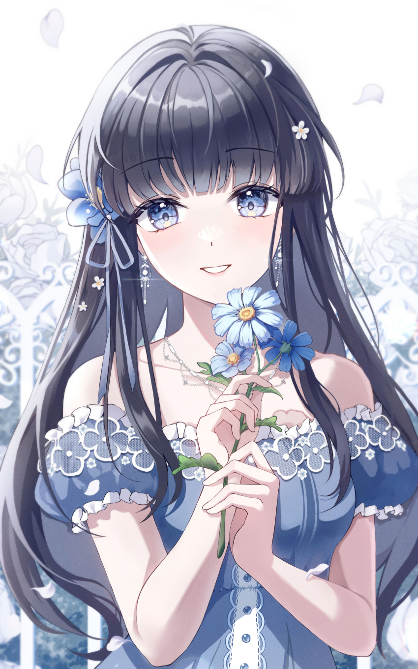 1girl absurdres blue_dress blue_eyes blue_flower blue_hair blue_ribbon blunt_bangs caron collarbone dress earrings floral_print flower frilled_dress frilled_sleeves frills hair_flower hair_ornament hair_ribbon highres holding holding_flower jewelry long_hair looking_at_viewer off-shoulder_dress off_shoulder original petals ribbon short_sleeves smile solo white_flower