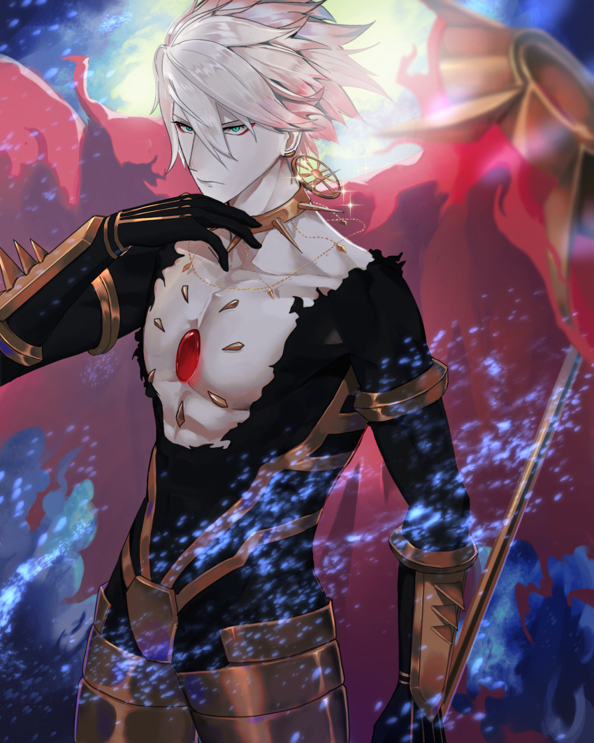 1boy absurdres bare_pectorals blue_eyes chest_jewel collar collarbone cow earrings eyeshadow fate/apocrypha fate/grand_order fate_(series) hair_between_eyes highres holding holding_polearm holding_weapon jewelry karna_(fate) looking_at_viewer makeup male_focus necklace pale_skin pectorals polearm red_eyeshadow short_hair solo spiked_collar spikes thriller_romero vasavi_shakti_(fate) weapon white_hair