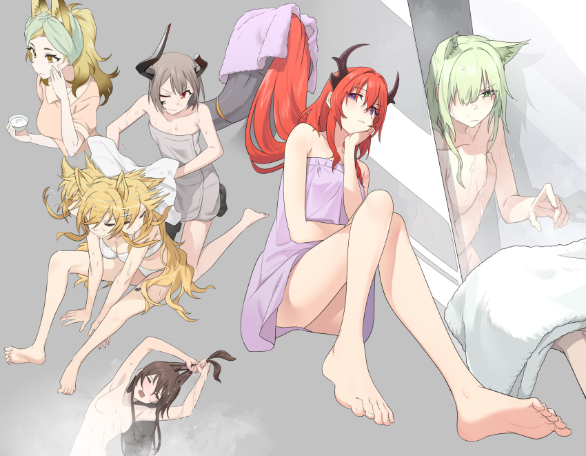 amiya_(arknights) animal_ear_fluff animal_ears applying_lotion arknights barefoot blonde_hair bra broken_horn cat_ears cat_girl ceobe_(arknights) closed_eyes closed_mouth completely_nude covering covering_breasts dog_ears dog_girl drying drying_hair fox_ears fox_girl frown green_eyes green_hair highres horns kal'tsit_(arknights) liang_chan_xing_make_tu long_hair looking_at_another looking_at_viewer lotion medium_hair naked_towel nude one_eye_closed open_mouth panties purple_eyes quercus_(arknights) rabbit_ears rabbit_girl red_eyes shaking_head shirt sitting surtr_(arknights) toes towel underwear vulcan_(arknights) white_panties yellow_eyes