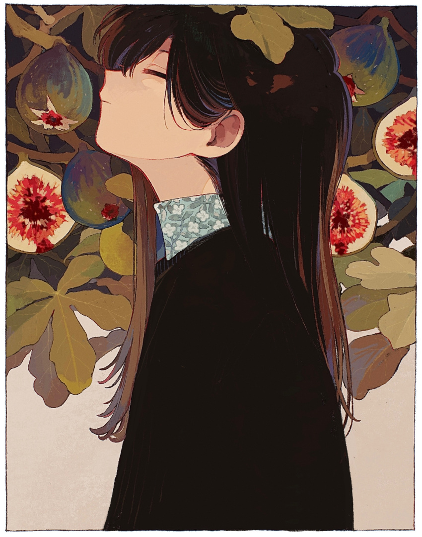 1girl absurdres black_hair black_sweater border closed_eyes closed_mouth collared_shirt facing_up fig floral_print food from_side fruit grey_shirt hair_behind_ear highres ka_(marukogedago) leaf long_hair original profile shirt solo straight_hair sweater upper_body white_border