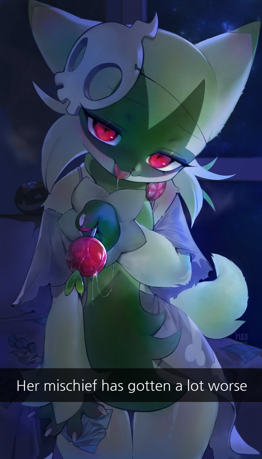 absurd_res anthro bodily_fluids candy dessert english_text female floragato food fur generation_9_pokemon green_body green_fur hi_res lollipop nintendo pokemon pokemon_(species) saliva saliva_string solo text tongue tongue_out yuio