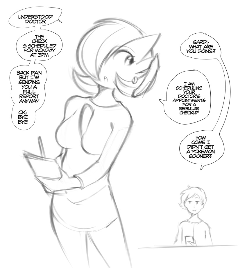 2023 absurd_res breasts clothed clothing dialogue duo english_text female gardevoir generation_3_pokemon hi_res human humanoid male mammal nintendo phone piercing pokemon pokemon_(species) saltyxodium shirt speech_bubble standing text topwear writing_utensil