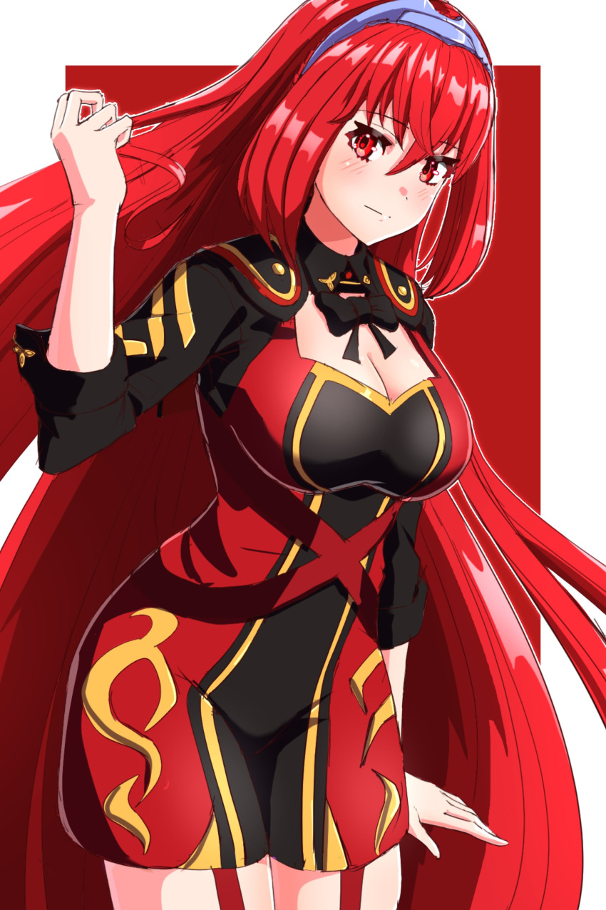 1girl absurdres alear_(female)_(fire_emblem) alear_(fire_emblem) alternate_costume breasts cleavage cleavage_cutout clothing_cutout crossed_bangs fire_emblem fire_emblem_engage hair_between_eyes highres long_hair looking_at_viewer official_alternate_hair_color red_eyes red_hair solo tiara to_(tototo_tk) very_long_hair