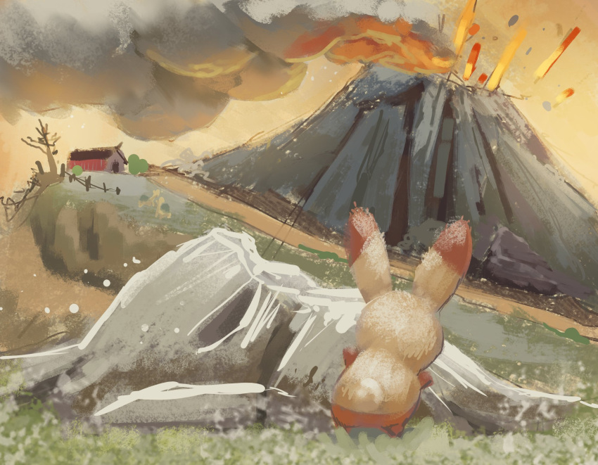 barn bear_tail commentary deka_boomz dirt_road eruption fence from_behind grass hiding highres molten_rock numel outdoors pokemon pokemon_(creature) road rock smoke spinda tail tree volcano wooden_fence