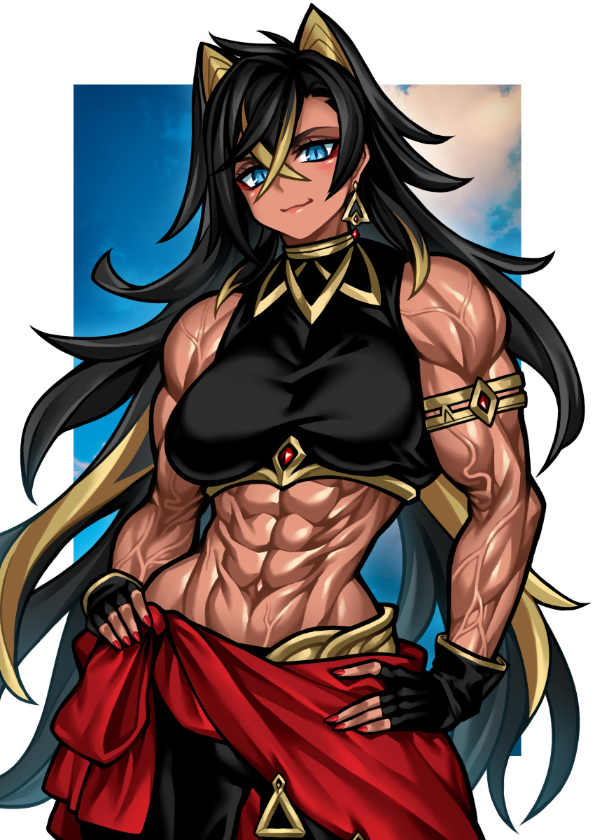 1girl abs absurdres animal_ears armlet black_hair blonde_hair blue_eyes blue_sky cat_ears choker cloud crop_top dark_skin dehya_(genshin_impact) earrings fingerless_gloves genshin_impact gloves highres jewelry multicolored_hair muscular muscular_female skirt sky smile solo yotaro