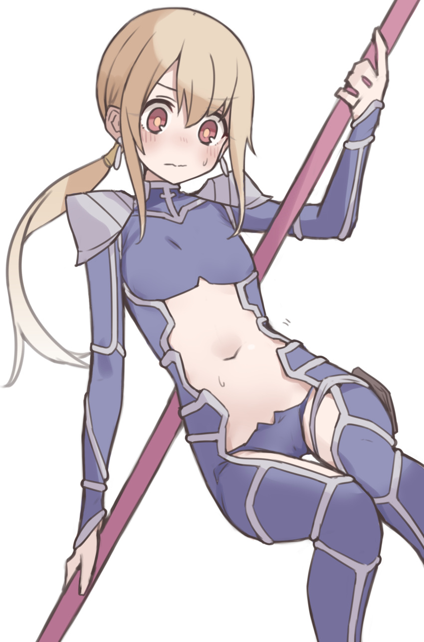 1girl absurdres armor bangs blonde_hair blue_bodysuit blue_panties blush bodysuit breasts center_opening cosplay cu_chulainn_(fate) cu_chulainn_(fate/stay_night) cu_chulainn_(fate/stay_night)_(cosplay) earrings fate/kaleid_liner_prisma_illya fate/stay_night fate_(series) gae_bolg_(fate) hair_between_eyes highres illyasviel_von_einzbern jewelry kopaka_(karda_nui) long_hair looking_at_viewer navel panties pauldrons polearm ponytail red_eyes shoulder_armor sidelocks small_breasts solo spear thighs underwear weapon