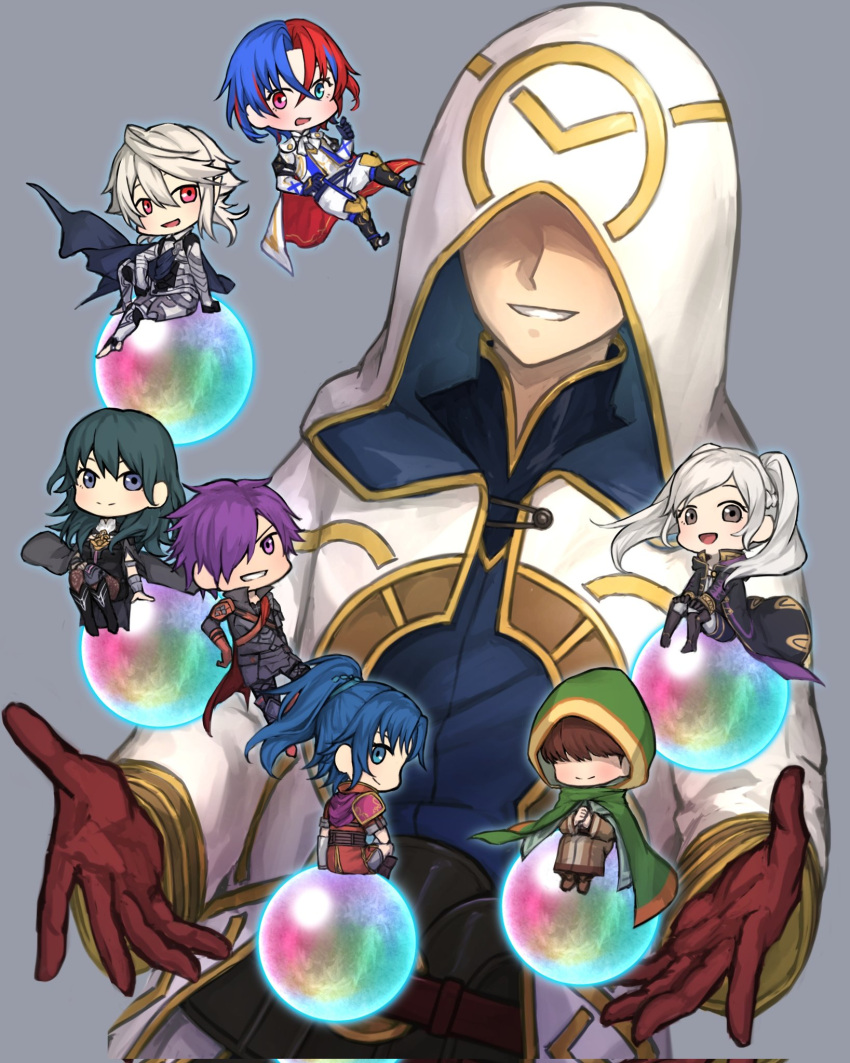 2others 3boys 3girls alear_(fire_emblem) alear_(male)_(fire_emblem) ambiguous_gender armor black_cape black_cloak blue_cape blue_eyes blue_hair brown_gloves brown_hair byleth_(female)_(fire_emblem) byleth_(fire_emblem) cape chibi cloak closed_mouth commentary_request corrin_(fire_emblem) corrin_(male)_(fire_emblem) covered_eyes fire_emblem fire_emblem:_new_mystery_of_the_emblem fire_emblem:_the_blazing_blade fire_emblem:_three_houses fire_emblem_awakening fire_emblem_engage fire_emblem_fates fire_emblem_heroes fire_emblem_warriors:_three_hopes gloves gold_trim green_cloak grey_background grey_eyes grey_hair grin hair_between_eyes heterochromia highres hood hood_down hood_up hooded_cloak kiran_(fire_emblem) kris_(female)_(fire_emblem) kris_(fire_emblem) long_hair looking_at_viewer mark_(fire_emblem:_the_blazing_blade) mini_person miniboy minigirl multicolored_hair multiple_boys multiple_girls multiple_others open_mouth orb ponytail purple_eyes purple_hair red_eyes red_hair robin_(female)_(fire_emblem) robin_(fire_emblem) shez_(fire_emblem) shez_(male)_(fire_emblem) short_hair simple_background sitting size_difference smile split-color_hair trait_connection twintails white_cape white_cloak white_hair zuzu_(ywpd8853)