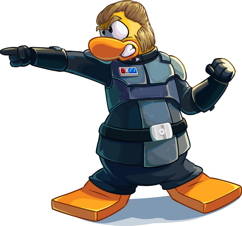 alexsandr_kallus armor avian bird black_belt black_bottomwear black_clothing black_gloves black_handwear black_pants blonde_hair bottomwear clenched_teeth clothing club_penguin crossover fist full-length_portrait gesture gloves hair handwear hi_res looking_aside male official_art pants penguin pointing portrait short_hair solo star_wars teeth unknown_artist yellow_body