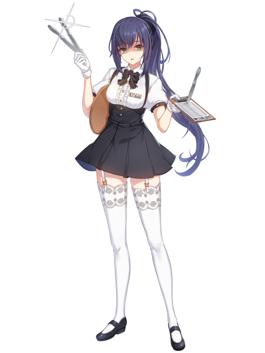 1girl :o badge bill_(object) black_bow black_bowtie black_footwear black_skirt blue_hair bow bowtie breasts carrying carrying_under_arm center_frills clipboard closers collared_shirt eunha_(closers) frills full_body garter_straps glint gloves green_eyes hair_bow hands_up high-waist_skirt highres holding holding_clipboard holding_tongs holding_tray lace-trimmed_thighhighs legs_apart long_hair looking_at_viewer mary_janes medium_breasts miniskirt official_art pleated_skirt ponytail puffy_short_sleeves puffy_sleeves shaded_face shirt shoes short_sleeves sidelocks skirt solo standing suspender_skirt suspenders table_knife tachi-e thighhighs tongs tray underbust very_long_hair waitress white_background white_gloves white_shirt white_thighhighs won_sign zettai_ryouiki