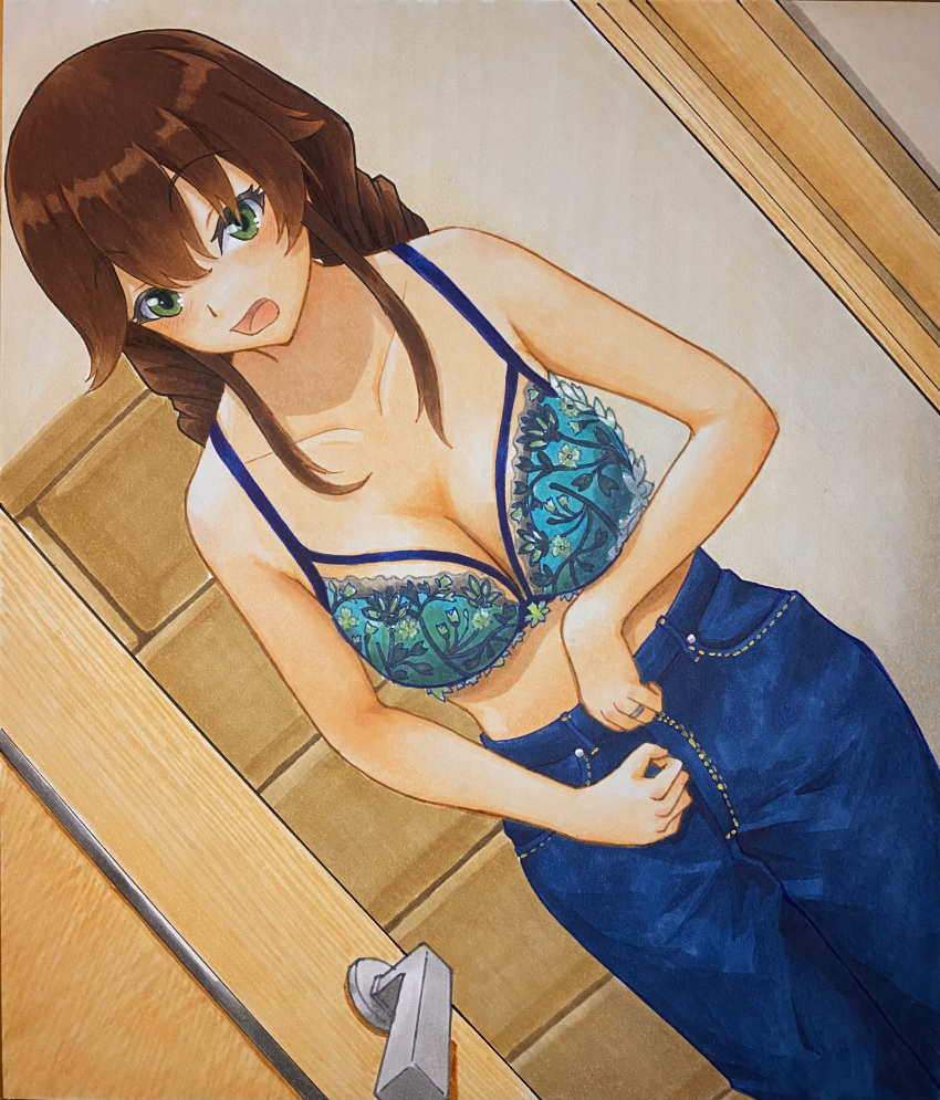 1girl absurdres blue_bra blue_pants bra braid breasts brown_hair cleavage denim door dutch_angle gojoe1310 green_eyes highres jeans kantai_collection large_breasts leaning_forward looking_at_viewer noshiro_(kancolle) open_mouth pants solo swept_bangs twin_braids underwear zipping