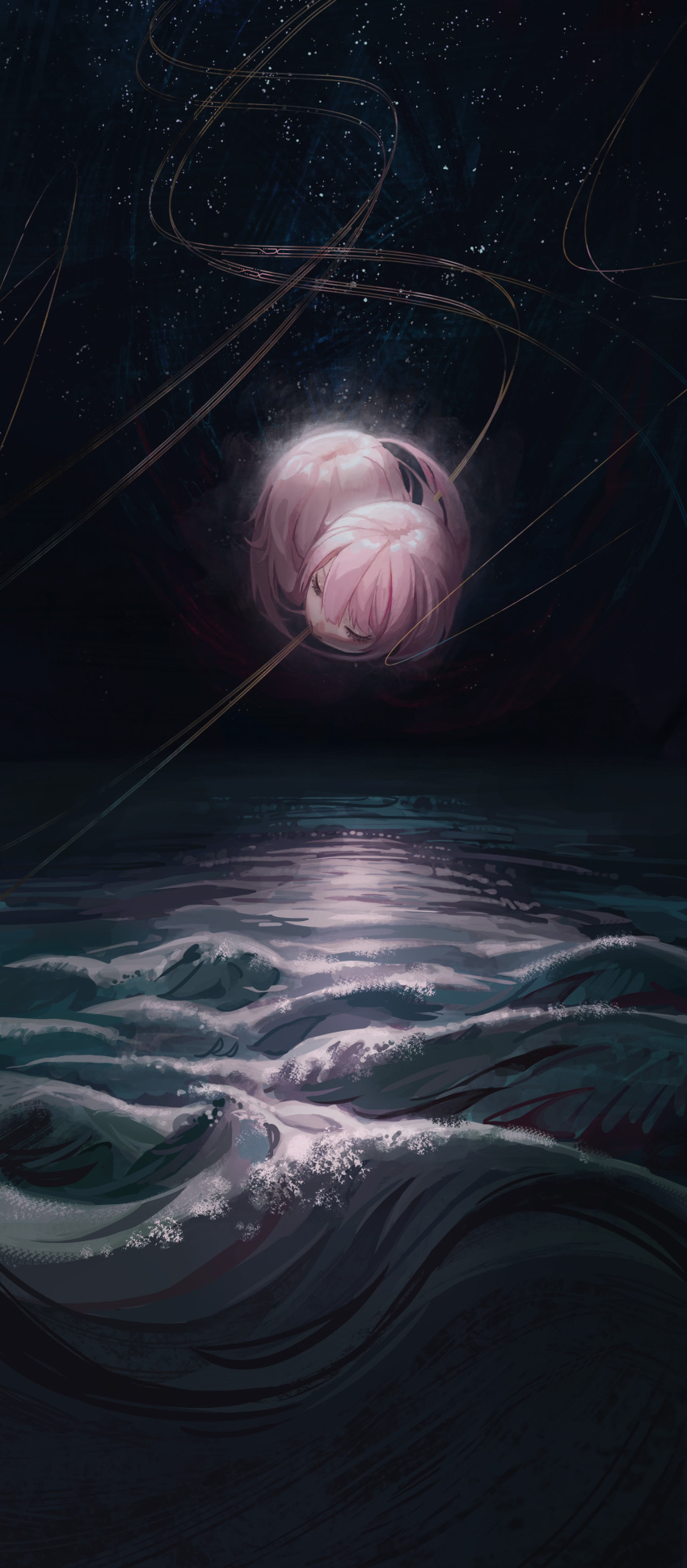 2girls absurdres ao_desu2222 closed_eyes disembodied_head highres multiple_girls night night_sky ocean original outdoors pink_hair sky water waves