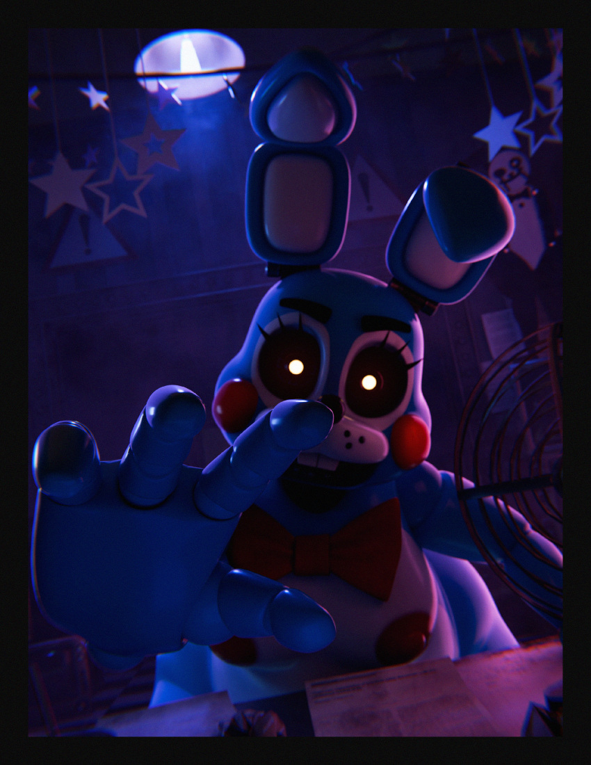3d_(artwork) absurd_res animatronic anthro areola big_areola blue_body buckteeth digital_media_(artwork) five_nights_at_freddy's five_nights_at_freddy's_2 freckles glowing glowing_eyes hi_res lagomorph long_lashes machine male mammal mipsmiyu moobs overweight overweight_male reaching_towards_viewer red_bow red_cheeks robot scottgames solo solo_focus teeth toy_bonnie_(fnaf) wide_hips