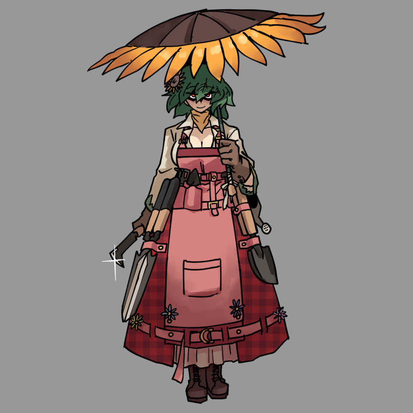 1girl adapted_costume apron bandana breasts brown_gloves cleavage closed_mouth collared_shirt commentary english_commentary flower gloves green_hair hair_flower hair_ornament highres holding holding_umbrella kaibootsu kazami_yuuka large_breasts long_sleeves looking_at_viewer parasol pink_apron plaid plaid_skirt red_eyes red_skirt shirt short_hair shovel skirt smile solo standing sunflower touhou umbrella white_shirt yellow_bandana