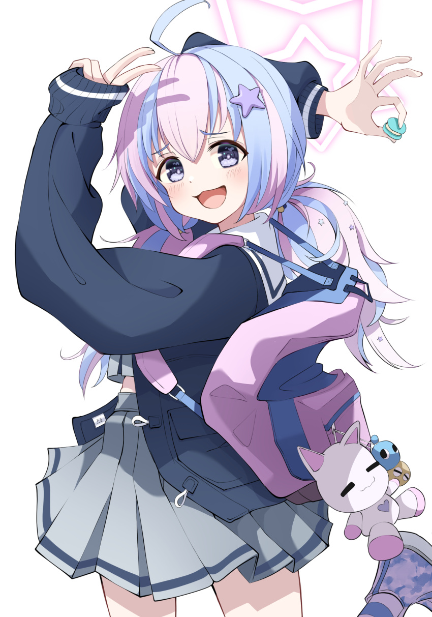 1girl ahoge backpack bag blue_archive blue_eyes commentary_request goodbye_sengen_(vocaloid) grey_jacket grey_skirt hair_between_eyes hair_ornament halo highres jacket long_hair long_sleeves looking_at_viewer low_twintails multicolored_hair open_mouth pink_hair pleated_skirt purple_hair reisa_(blue_archive) school_uniform serafuku she100legs sidelocks simple_background skirt smile solo star_(symbol) star_hair_ornament twintails two-tone_hair