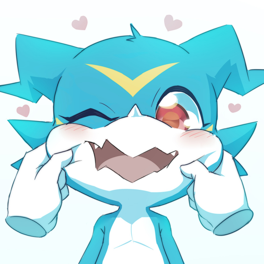 &lt;3 1_horn anthro bandai_namco blue_body cheek_grab digimon digimon_(species) duo face_squish front_view head_tuft horn looking_at_viewer one_eye_closed shoru solo_focus squish teeth tongue tuft veemon white_body white_hands white_horn