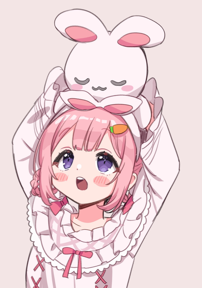 1girl :o animal_ears arms_up blush braided_hair_rings carrot_hair_ornament fake_animal_ears food-themed_hair_ornament grey_background hair_ornament hairband highres holding holding_stuffed_toy long_sleeves looking_up nightgown nijisanji object_on_head official_alternate_costume open_mouth pink_hair pink_nightgown pink_ribbon purple_eyes rabbit_ears ribbon saito_katuo simple_background solo stuffed_animal stuffed_rabbit stuffed_toy suo_sango suo_sango_(2nd_costume) upper_body virtual_youtuber white_hairband