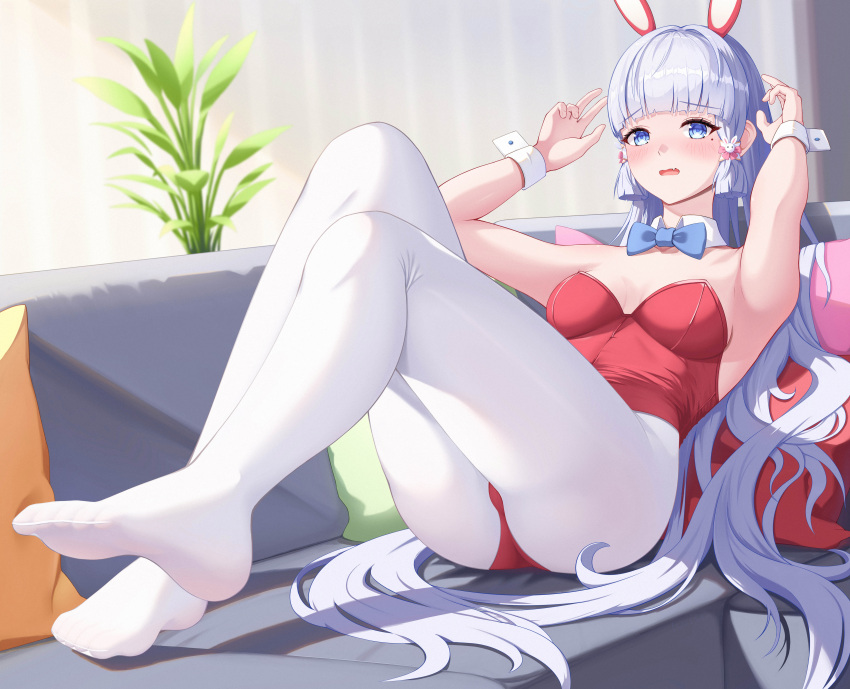 1girl absurdres animal_ears blue_bow blue_bowtie blue_eyes blunt_bangs blunt_tresses bow bowtie couch detached_collar fake_animal_ears genshin_impact grey_hair highres indoors kamisato_ayaka leotard long_hair lwisr medium_hair pantyhose plant playboy_bunny rabbit_ears red_leotard sitting solo strapless strapless_leotard white_pantyhose wrist_cuffs