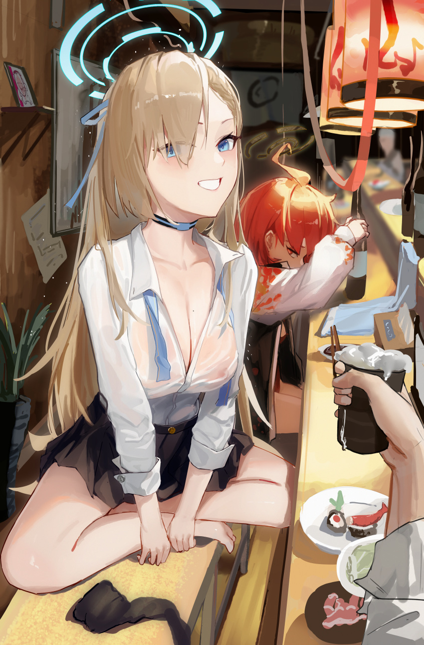 1boy 2girls absurdres ahoge alcohol asuna_(blue_archive) barefoot black_skirt blonde_hair blue_archive blue_choker blue_halo blurry blurry_background bottle breasts choker collarbone collared_shirt crossed_legs cup depth_of_field eyelashes feet_on_chair floral_print food hair_over_one_eye halo hands_on_own_feet highres holding holding_cup indoors jacket large_breasts legs looking_at_viewer miniskirt mole mole_on_breast multiple_girls necktie neru_(blue_archive) orange_hair parted_bangs plate pleated_skirt pov restaurant see-through see-through_shirt sensei_(blue_archive) shadow shirt sitting skirt sokiu_(dongxiasokiu) sushi toes undone_necktie wet wet_clothes wet_shirt white_shirt