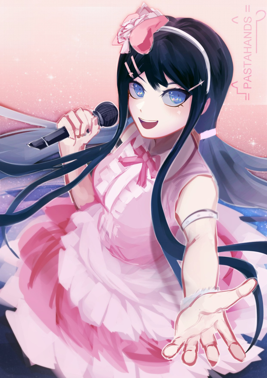 1girl :d artist_name black_hair blue_eyes center_frills danganronpa:_trigger_happy_havoc danganronpa_(series) dress frills gradient_background hair_between_eyes hair_ornament hairband hairclip heart heart_hair_ornament highres holding holding_microphone idol long_hair looking_at_viewer maizono_sayaka microphone neck_ribbon official_alternate_costume pastahands pink_dress pink_ribbon ribbon smile teeth upper_teeth_only