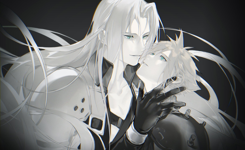 2boys armor black_coat black_gloves blue_eyes bracer chest_harness cloud_strife coat final_fantasy final_fantasy_vii gloves green_eyes hand_on_another's_face hand_on_another's_neck harness high_collar highres imminent_kiss light_smile long_bangs long_hair long_sleeves lydiaaa male_focus multiple_boys open_clothes open_coat parted_bangs partially_colored pauldrons sephiroth short_hair shoulder_armor slit_pupils smile spiked_hair spiked_pauldrons turtleneck yaoi