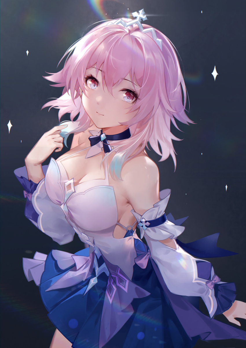1girl absurdres blue_skirt breasts cleavage commentary_request cowboy_shot detached_sleeves highres honkai:_star_rail honkai_(series) long_sleeves looking_at_viewer march_7th_(honkai:_star_rail) medium_breasts miniskirt official_alternate_costume pink_hair purple_eyes short_hair skirt smile solo standing tiara woodylixx