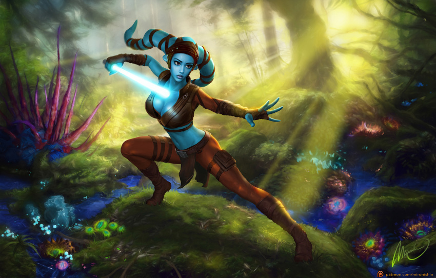 1girl aayla_secura alien blue_lightsaber blue_skin breasts brown_eyes brown_gloves brown_pants brown_shirt cleavage colored_skin crop_top energy_sword fingerless_gloves gloves grass highres holding_lightsaber jedi large_breasts light_rays lightsaber midriff mironishin-story nature pants patreon_logo patreon_username plant shirt solo star_wars sunbeam sunlight sword twi'lek watermark weapon web_address