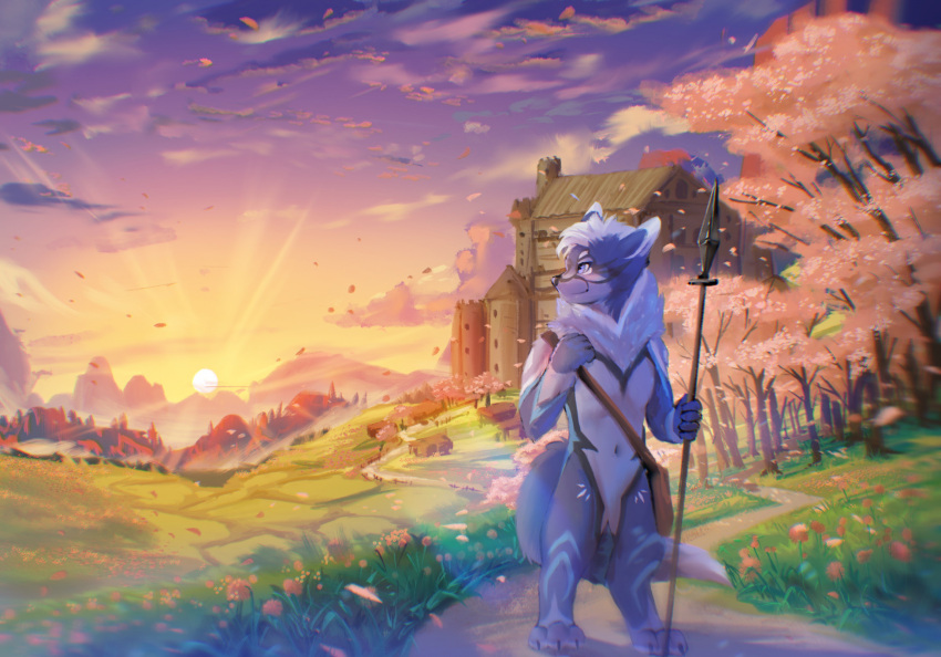 anthro blue_body blue_eyes canid canine canis dusk flower hi_res lance_(weapon) looking_away male mammal melee_weapon plant polearm scenery solo stampmats traveling weapon wolf