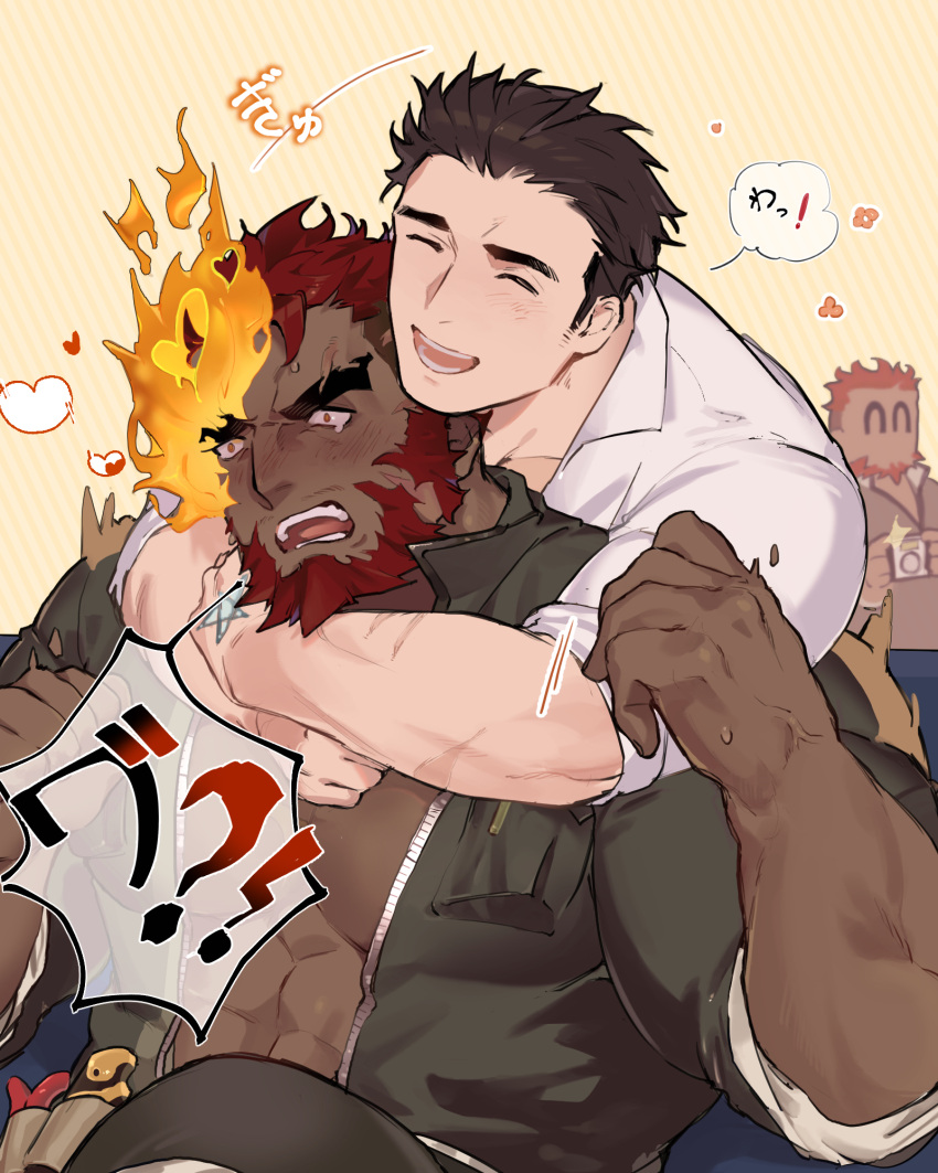 3boys :d ^_^ arms_around_neck bara beard closed_eyes dark-skinned_male dark_skin eyebrow_cut facial_hair flaming_eye happy happy_aura heart hephaestus_(housamo) highres hug hug_from_behind large_pectorals loving_aura male_focus mature_male multiple_boys muscular muscular_male nanaisan_(713) nervous_sweating open_jumpsuit outstretched_hand pectoral_cleavage pectorals protagonist_3_(housamo) reaching reaching_towards_viewer red_eyes seductive_smile short_hair sleeves_rolled_up smile surprised sweat taking_picture talos_(housamo) tearing_up thick_eyebrows thick_thighs thighs tokyo_afterschool_summoners translation_request upper_body very_dark_skin yaoi zipper