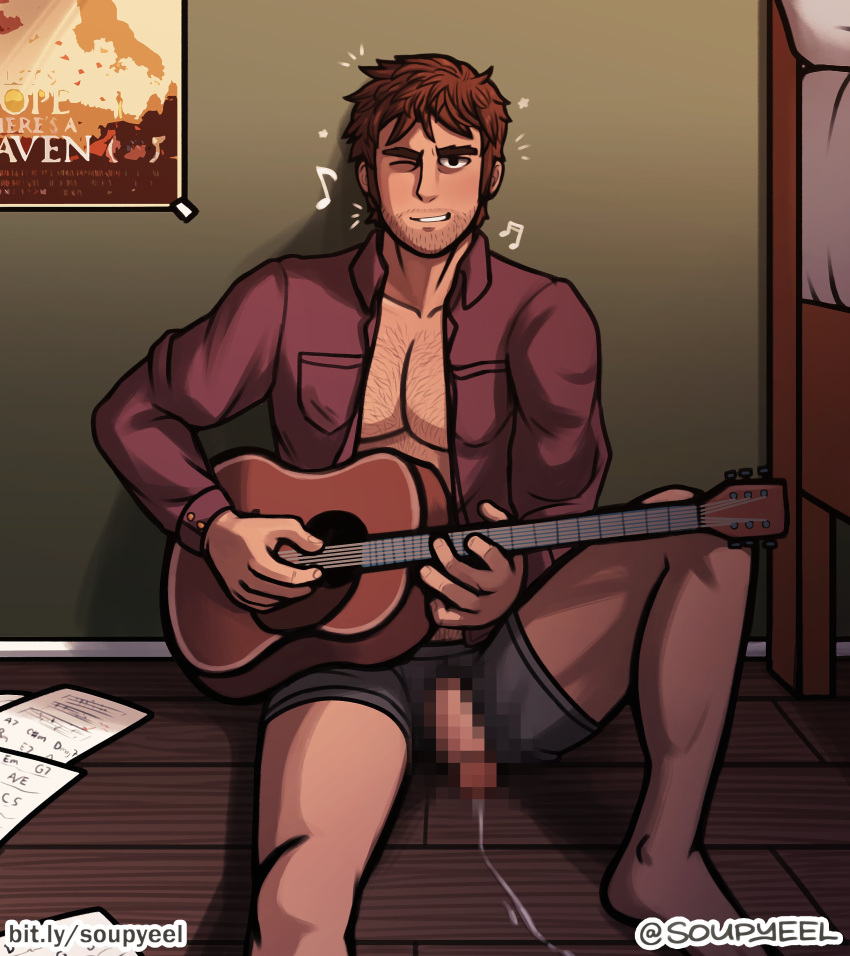 1boy absurdres against_wall bara beard_stubble blush boxers brown_hair censored chest_hair come_hither cum ejaculation feet_out_of_frame grey_male_underwear highres holding_guitar instrument looking_at_viewer male_focus male_underwear mature_male mosaic_censoring music musical_note mustache_stubble no_pants one_eye_closed open_clothes open_shirt paid_reward_available pectoral_cleavage pectorals penis playing_instrument scott_pilgrim_(series) seductive_smile short_hair sitting smile solo soupyeel spread_legs stephen_stills thick_eyebrows underwear