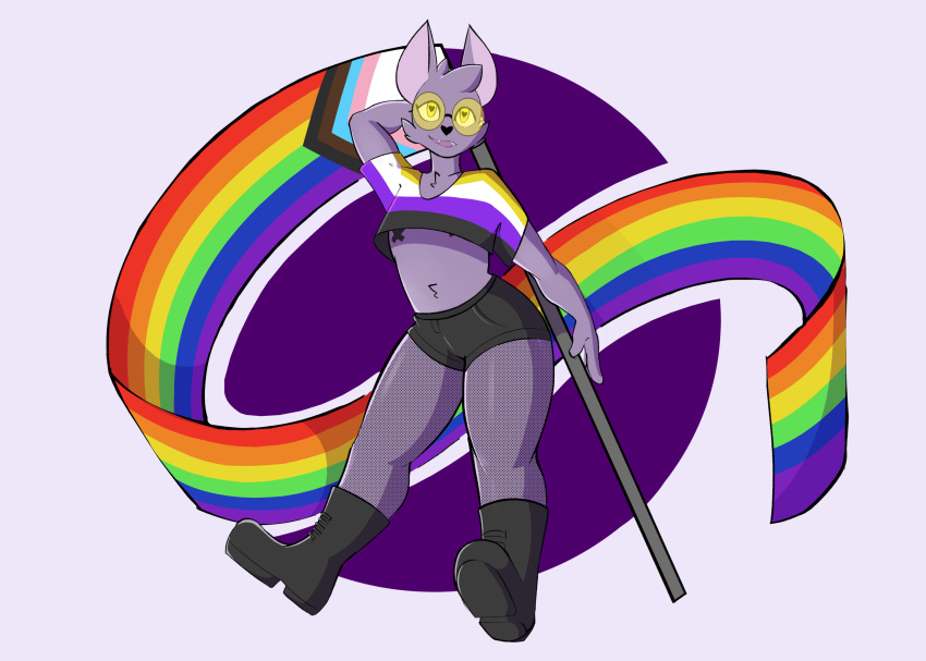 absurd_res ambiguous_gender anthro bat boots bottomwear cel_shading clothing crop_top eyewear fishnet flag footwear glasses hand_behind_head hi_res i_will_dance_only_if_the_beat_is_funky lgbt_pride mammal nipple_tape nonbinary_pride_colors pasties pride_color_flag pride_colors pupils round_glasses shaded shirt shorts simple_background smile solo tape topwear transgender_pride_colors unusual_pupils