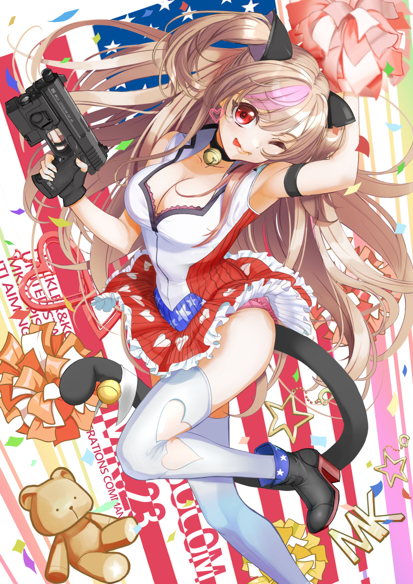 1girl ;q absurdres american_flag armpits bell black_choker black_gloves boots breasts brown_hair cat_tail choker cleavage clothing_cutout commentary_request dress fang fingerless_gloves foot_out_of_frame frilled_dress frills girls'_frontline gloves gun h&amp;k_mark_23 handgun heart heart_cutout highres holding holding_gun holding_pom_poms holding_weapon kotoba_suzu large_breasts looking_at_viewer mk23_(girls'_frontline) multicolored_hair neck_bell one_eye_closed panties pink_hair pink_panties pom_pom_(cheerleading) red_eyes sleeveless sleeveless_dress smile solo streaked_hair stuffed_animal stuffed_toy tail tail_bell tail_ornament teddy_bear thighhighs tongue tongue_out trigger_discipline twintails underwear weapon white_thighhighs