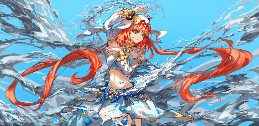 1girl absurdres aqua_eyes arm_up blue_background blue_gemstone blue_skirt bracer breasts brooch check_commentary circlet collar commentary_request cowboy_shot crop_top dancer dancing detached_sleeves fake_horns gem genshin_impact gold_trim harem_outfit highres horns hydrokinesis jewelry long_hair long_sleeves medium_breasts metal_collar midriff navel nilou_(genshin_impact) parted_bangs puffy_long_sleeves puffy_sleeves red_hair skirt solo tassel twintails veil very_long_hair vision_(genshin_impact) water white_headwear yuyinloujin