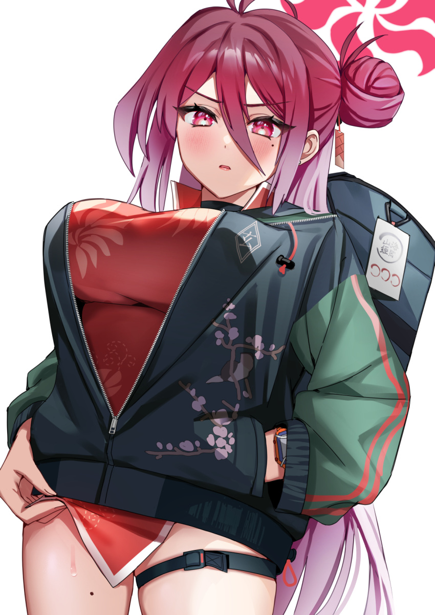 1girl 8n0_g antenna_hair blue_archive blush breasts china_dress chinese_clothes dress hair_between_eyes hair_bun halo highres jacket large_breasts letterman_jacket looking_at_viewer mole mole_on_collarbone mole_on_thigh mole_under_eye red_dress red_eyes red_hair reizyo_(blue_archive) simple_background single_side_bun solo thigh_strap white_background