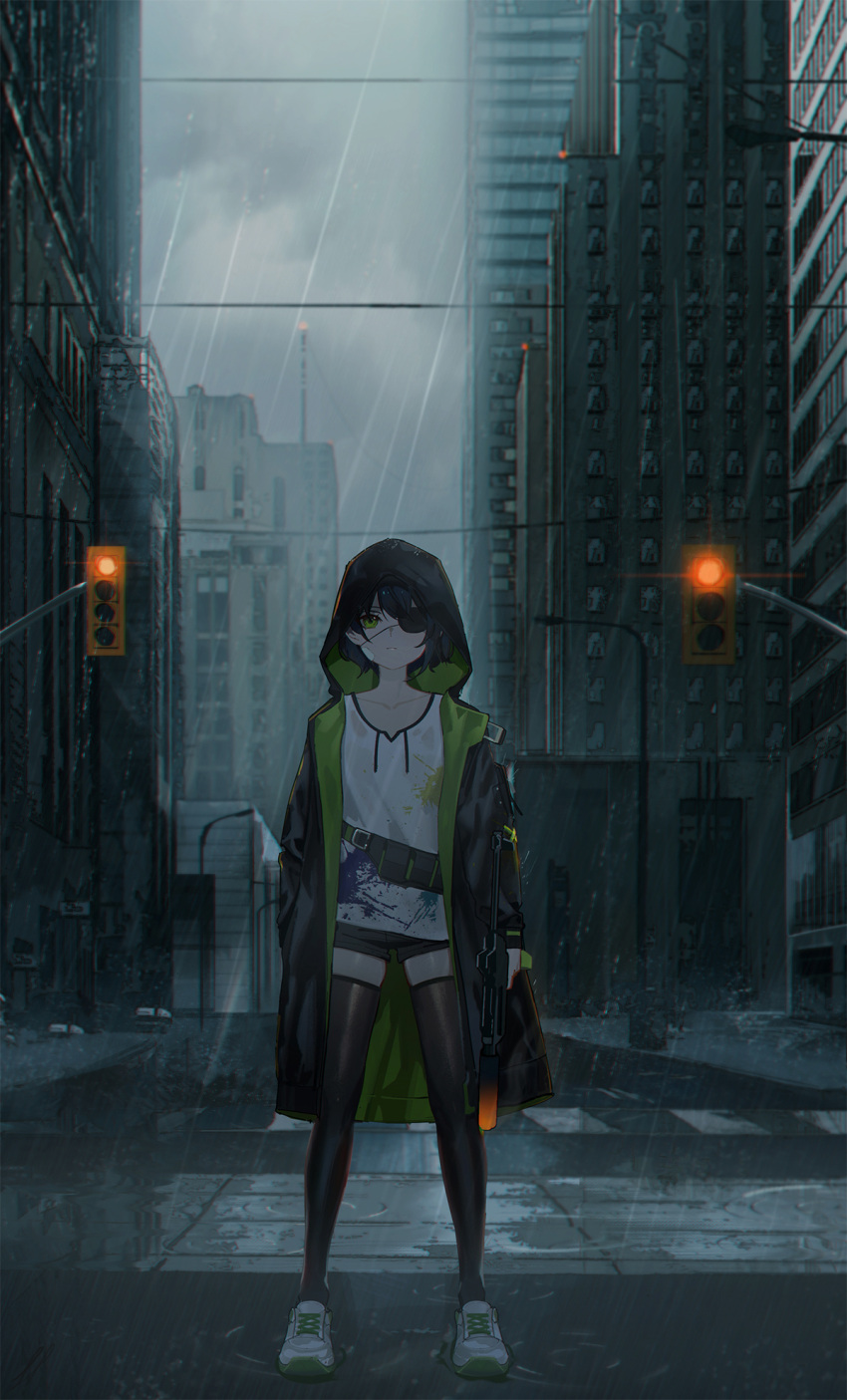 1girl bandolier black_thighhighs cityscape cloud cloudy_sky crosswalk dirty dirty_clothes eyepatch gun highres holding holding_gun holding_weapon hood hooded_jacket jacket nilzynox original rain shoes sky sneakers solo thighhighs traffic_light water_drop weapon weapon_request