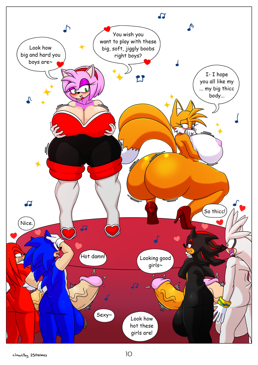 absurd_res amy_rose anthro asmartboy balls big_balls big_breasts big_butt big_penis breasts butt clothing crossgender dialogue female footwear genitals group hi_res high_heels huge_balls huge_breasts huge_butt huge_penis hyper hyper_balls hyper_breasts hyper_genitalia hyper_penis knuckles_the_echidna male miles_prower nipples penis sega shadow_the_hedgehog silver_the_hedgehog sonic_the_hedgehog sonic_the_hedgehog_(series) speech_bubble twerking