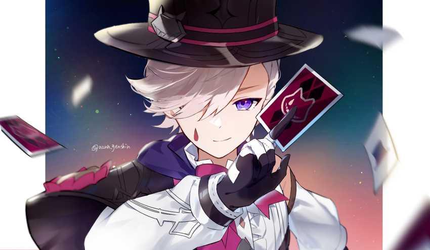 1boy azna black_gloves card detached_sleeves facial_mark genshin_impact gloves grey_hair hair_over_one_eye hat highres holding holding_card looking_at_viewer lyney_(genshin_impact) male_focus purple_eyes simple_background solo teardrop_facial_mark top_hat twitter_username upper_body white_gloves